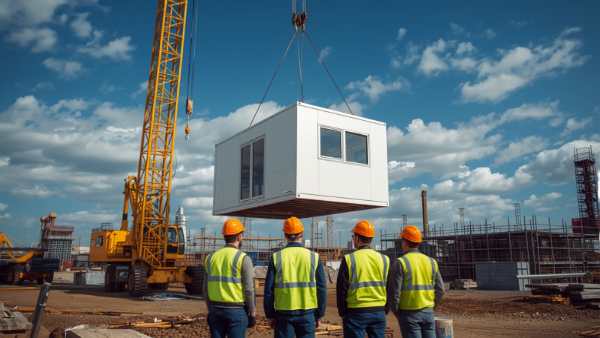 Team erecting a modular building on site
